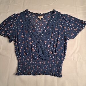 Neon Soul Blue Floral Butterfly Smocked Waist Crochet Top M